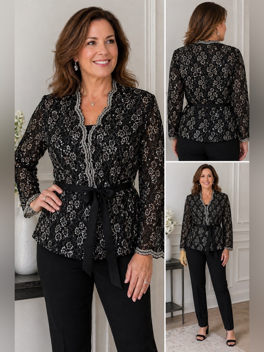 Alex Evenings Black Lace Overlay Peplum Top with Silver Trim